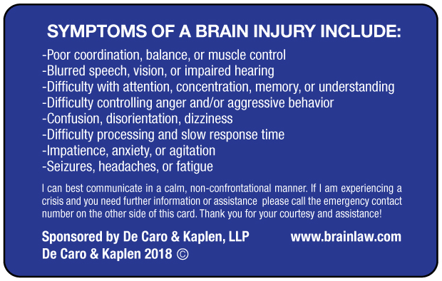 back of brain injury id card